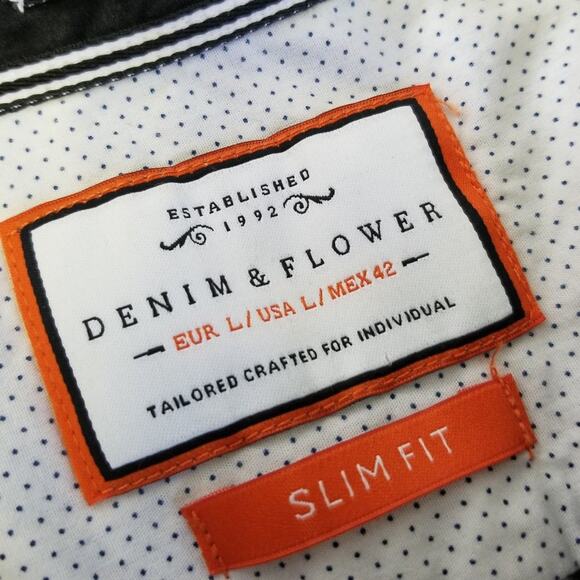 Denim & Flower Short Sleeve Black White Palm Tree Beachy Shirt Excellent! Size L - Picture 5 of 6